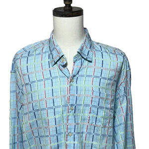 Tommy Bahama Shirt Mens XXL Blue Rainbow Plaid Silk Blend Long Sleeve Button Up
